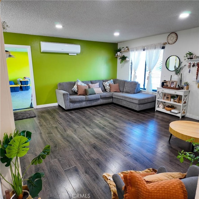9754 5th Ave, Hesperia, CA 92345 - living room featuring a wall unit AC, a textured ceiling, wood finished floors, recessed lighting, and baseboards