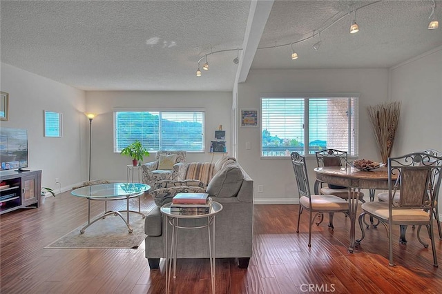 2940 N Verdugo Rd Unit 409, Glendale, CA 91208 - living room with wood finished floors, a textured ceiling, baseboards, and track lighting