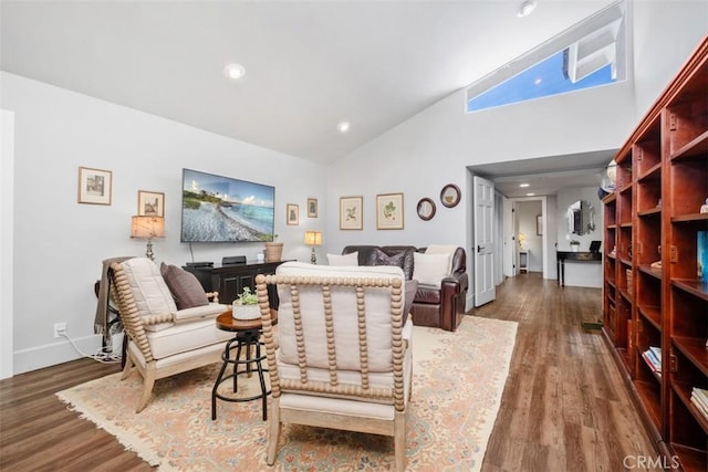 19172 Sierra Maria Rd, Irvine, CA 92603 - living room with high vaulted ceiling, wood finished floors, recessed lighting, and baseboards