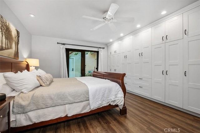 19172 Sierra Maria Rd, Irvine, CA 92603 - bedroom with dark wood-style flooring, recessed lighting, ceiling fan, access to outside, and a closet