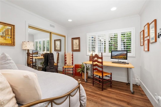 19172 Sierra Maria Rd, Irvine, CA 92603 - bedroom with a desk, crown molding, wood finished floors, multiple windows, and recessed lighting