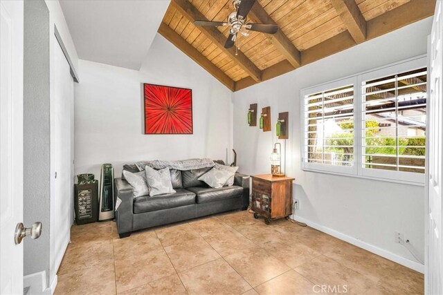 26 Pueblo Vista Dr, Palm Springs, CA 92264 - living area with wood ceiling with exposed beams, ceiling fan, baseboards, light tile patterned floors, and high vaulted ceiling