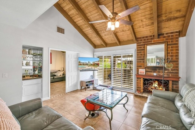 26 Pueblo Vista Dr, Palm Springs, CA 92264 - living area featuring wood ceiling with exposed beams, tile patterned flooring, ceiling fan, and high vaulted ceiling
