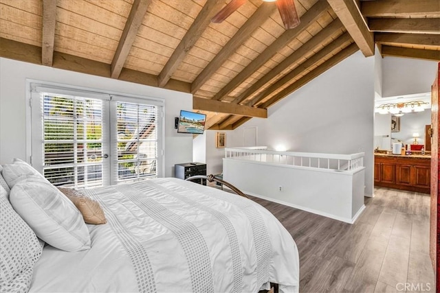 26 Pueblo Vista Dr, Palm Springs, CA 92264 - bedroom featuring access to exterior, wood finished floors, wood ceiling, french doors, and baseboards