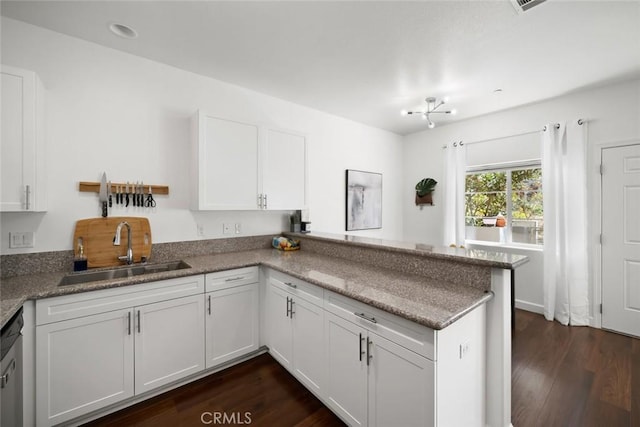 949 Humbert Ave, San Luis Obispo, CA 93401 - kitchen featuring a sink, a peninsula, white cabinetry, and dark wood-style floors