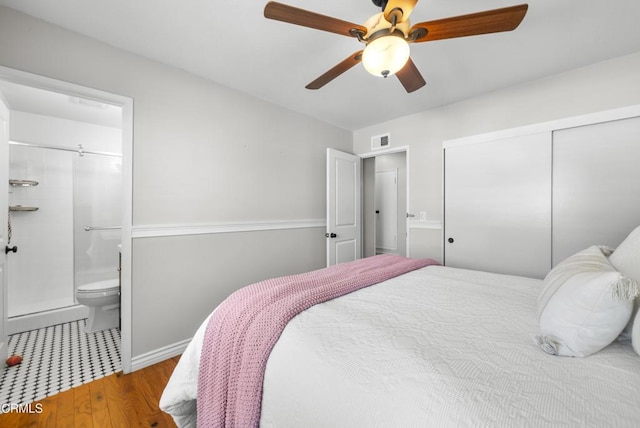 1406 Dinsmore St, Simi Valley, CA 93065 - bedroom with a closet, wood finished floors, ensuite bathroom, baseboards, and ceiling fan