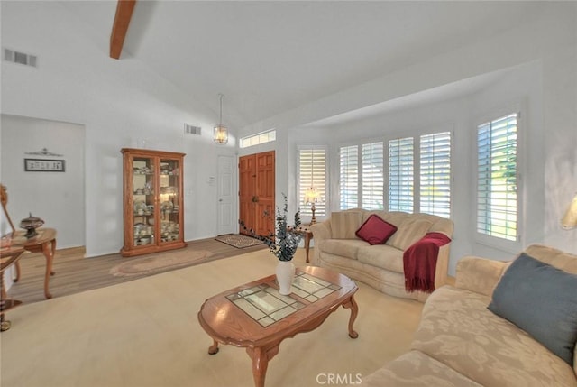 10707 Champagne Rd, Alta Loma, CA 91737 - living room featuring beamed ceiling and high vaulted ceiling
