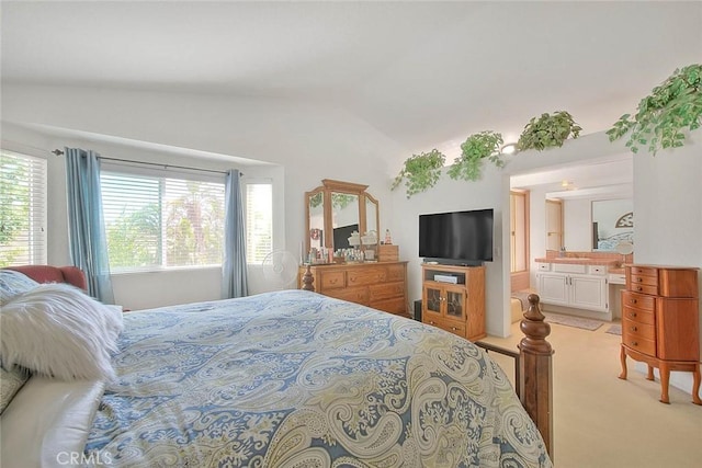 10707 Champagne Rd, Alta Loma, CA 91737 - bedroom featuring vaulted ceiling, light carpet, and ensuite bathroom