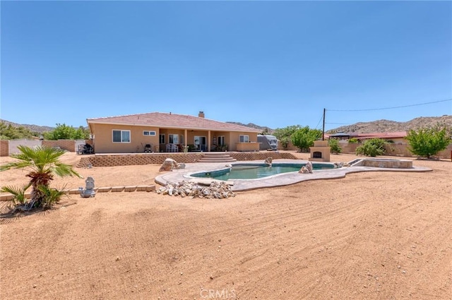 58598 Santa Maria Dr, Yucca Valley, CA 92284 - view of pool featuring a fenced backyard, a patio, and a mountain view