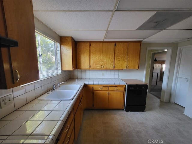 532 N Reese Pl, Burbank, CA 91506 - kitchen featuring dishwasher, tile counters, a sink, decorative backsplash, and brown cabinets