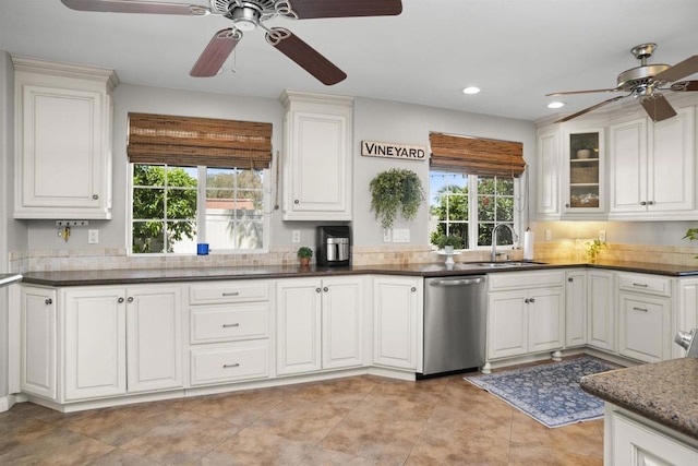 1990 Willowbrook Dr, Oceanside, CA 92056 - kitchen featuring stainless steel dishwasher, a ceiling fan, a sink, healthy amount of natural light, and recessed lighting