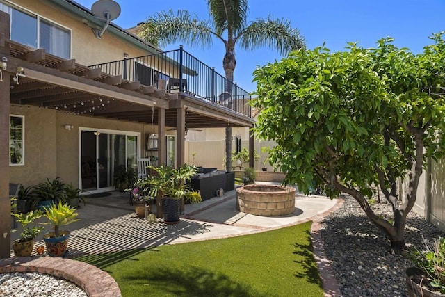 1990 Willowbrook Dr, Oceanside, CA 92056 - view of yard with a patio, a balcony, an outdoor living space with a fire pit, and a pergola