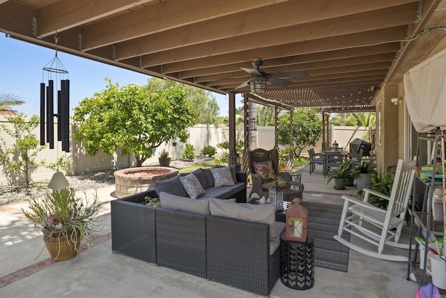 1990 Willowbrook Dr, Oceanside, CA 92056 - fenced backyard featuring outdoor dining area, outdoor lounge area, a patio area, and a ceiling fan