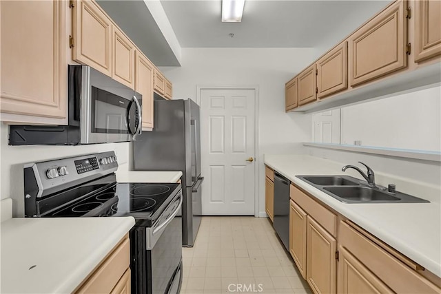 375 Central Ave Unit 173, Riverside, CA 92507 - kitchen with stainless steel appliances, a sink, light brown cabinetry, and light countertops