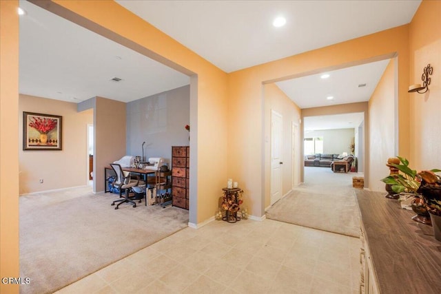 30106 Stargazer Way, Menifee, CA 92584 - hall with light colored carpet, a desk, baseboards, and recessed lighting