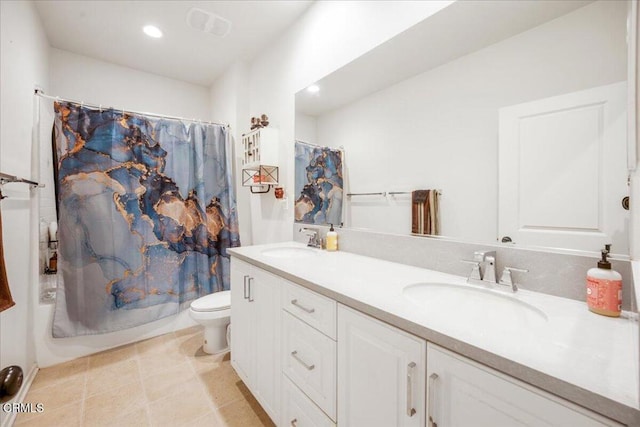30106 Stargazer Way, Menifee, CA 92584 - bathroom featuring toilet, double vanity, recessed lighting, and shower / bath combination with curtain