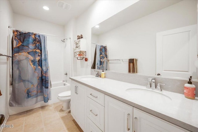 30106 Stargazer Way, Menifee, CA 92584 - bathroom featuring shower / bath combo, double vanity, toilet, and recessed lighting