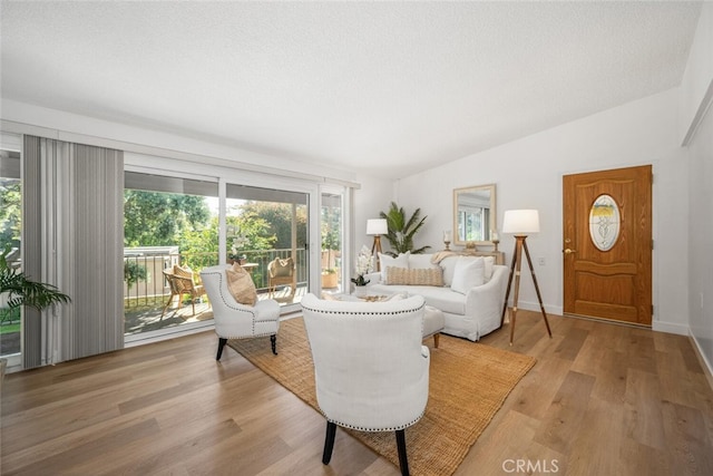 13400 Del Monte Unit 1M, Seal Beach, CA 90740 - living area featuring lofted ceiling, light wood-style floors, baseboards, and a textured ceiling