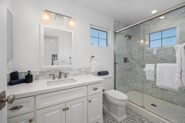 8014 La Jolla Shores Dr, La Jolla, CA 92037 - bathroom with a shower stall, vanity, toilet, and recessed lighting
