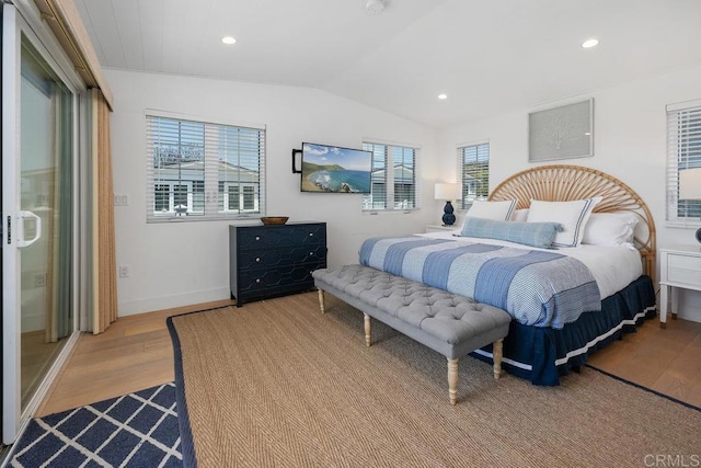 8014 La Jolla Shores Dr, La Jolla, CA 92037 - bedroom with wood finished floors, vaulted ceiling, multiple windows, recessed lighting, and baseboards