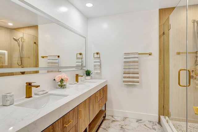 6745 Mewall Dr, San Diego, CA 92119 - bathroom with a stall shower, double vanity, marble finish flooring, baseboards, and recessed lighting