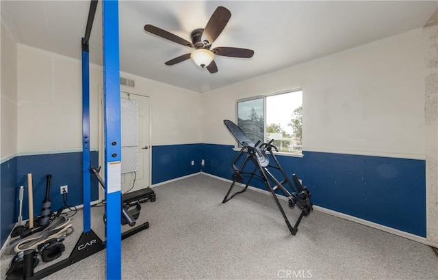 9979 Timbermist Ct, Rancho Cucamonga, CA 91737 - exercise room with a ceiling fan, carpet flooring, and baseboards