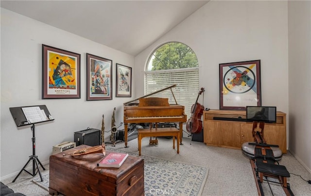 9979 Timbermist Ct, Rancho Cucamonga, CA 91737 - sitting room with carpet, high vaulted ceiling, and baseboards