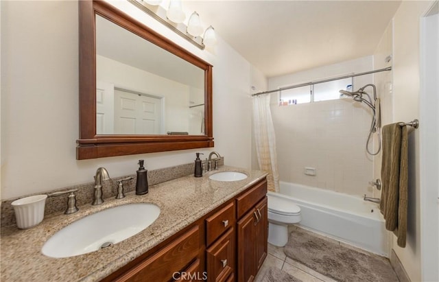 9979 Timbermist Ct, Rancho Cucamonga, CA 91737 - bathroom with shower / bath combo, toilet, double vanity, and tile patterned floors