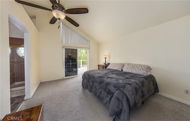 9979 Timbermist Ct, Rancho Cucamonga, CA 91737 - carpeted bedroom with access to outside, vaulted ceiling, baseboards, arched walkways, and ceiling fan