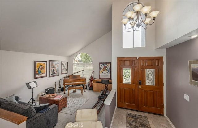 9979 Timbermist Ct, Rancho Cucamonga, CA 91737 - foyer with high vaulted ceiling, a chandelier, and baseboards