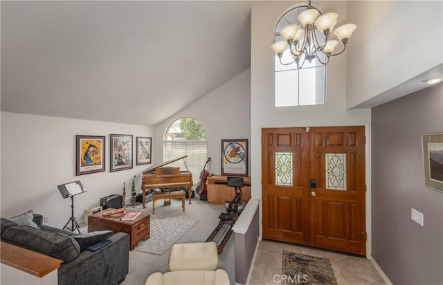 9979 Timbermist Ct, Rancho Cucamonga, CA 91737 - foyer with high vaulted ceiling, a chandelier, and baseboards