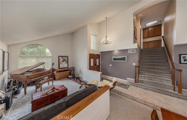 9979 Timbermist Ct, Rancho Cucamonga, CA 91737 - entryway featuring carpet, arched walkways, stairs, a chandelier, and high vaulted ceiling