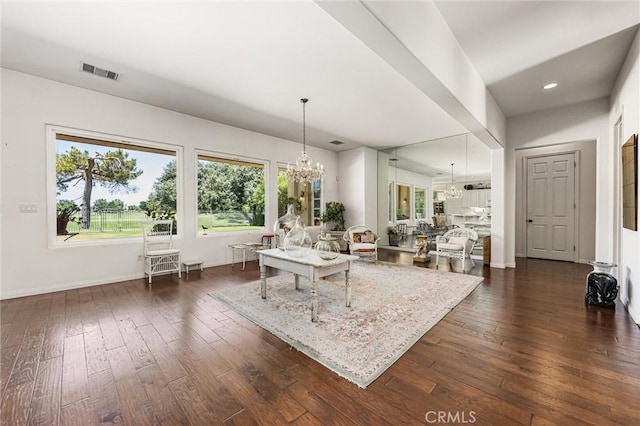 2403 Crocus Dr, Bakersfield, CA 93311 - living room featuring dark wood-type flooring, a chandelier, baseboards, and recessed lighting