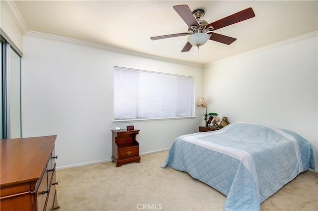 28729 Conejo View Dr, Agoura Hills, CA 91301 - bedroom with crown molding, light colored carpet, a closet, a ceiling fan, and baseboards