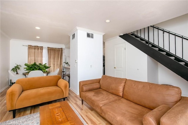 28729 Conejo View Dr, Agoura Hills, CA 91301 - living room featuring wood finished floors, stairs, recessed lighting, baseboards, and ornamental molding