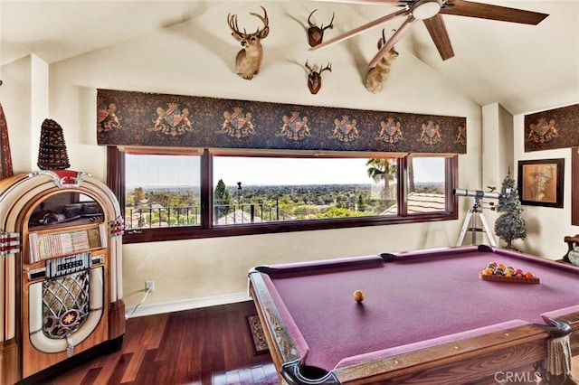 1532 Kensing Ln, North Tustin, CA 92705 - recreation room featuring vaulted ceiling, wood finished floors, billiards table, baseboards, and ceiling fan
