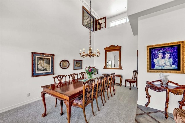 1532 Kensing Ln, North Tustin, CA 92705 - dining area with a chandelier, a towering ceiling, and carpet floors