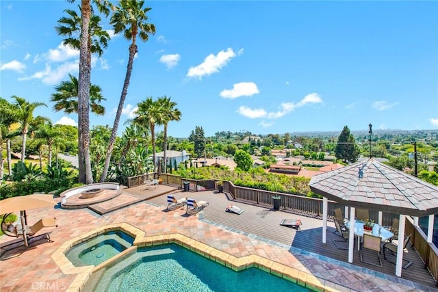 1532 Kensing Ln, North Tustin, CA 92705 - view of swimming pool with a gazebo, an in-ground hot tub, a wooden deck, outdoor dining area, and a patio
