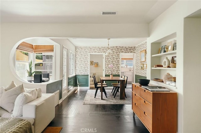 2319 S Corning St, Los Angeles, CA 90034 - office space with wainscoting, dark wood-style flooring, wallpapered walls, and built in features