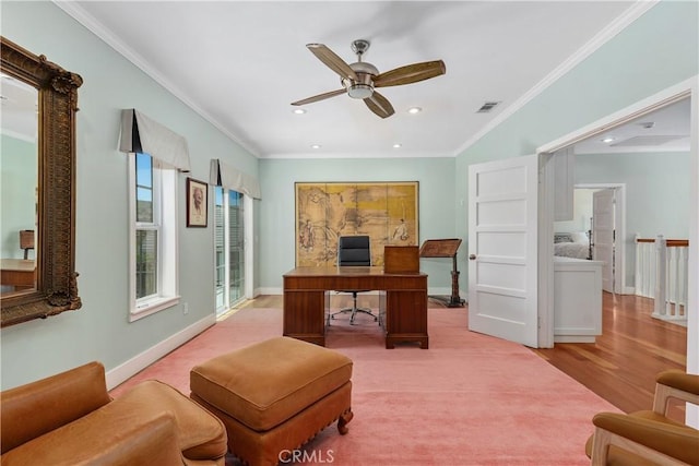 36475 Avenida La Cresta, Murrieta, CA 92562 - office space featuring ceiling fan, ornamental molding, recessed lighting, baseboards, and wood finished floors
