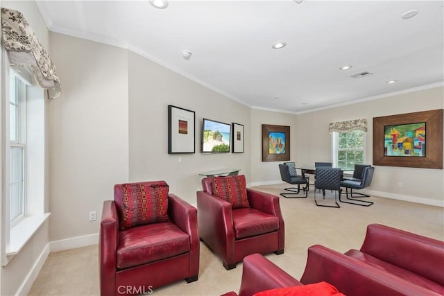 36475 Avenida La Cresta, Murrieta, CA 92562 - living area with light colored carpet, crown molding, baseboards, and recessed lighting