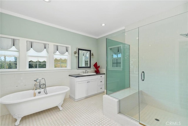 36475 Avenida La Cresta, Murrieta, CA 92562 - bathroom with a freestanding bath, crown molding, a stall shower, and vanity