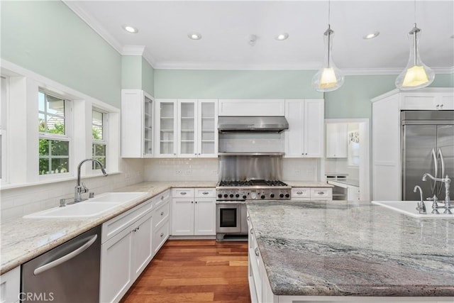 36475 Avenida La Cresta, Murrieta, CA 92562 - kitchen featuring appliances with stainless steel finishes, a sink, ventilation hood, white cabinetry, and ornamental molding