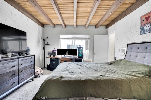 2212 Grant Ave, Redondo Beach, CA 90278 - bedroom with carpet, a textured wall, wood ceiling with exposed beams, and an office area