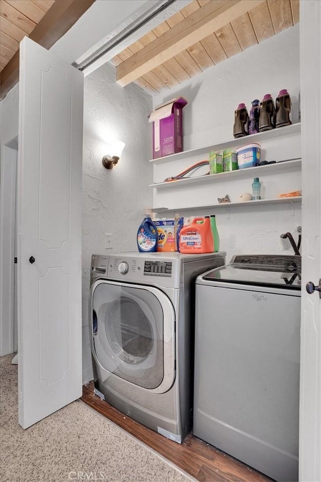 2212 Grant Ave, Redondo Beach, CA 90278 - washroom featuring wooden ceiling, washer and dryer, and a textured wall