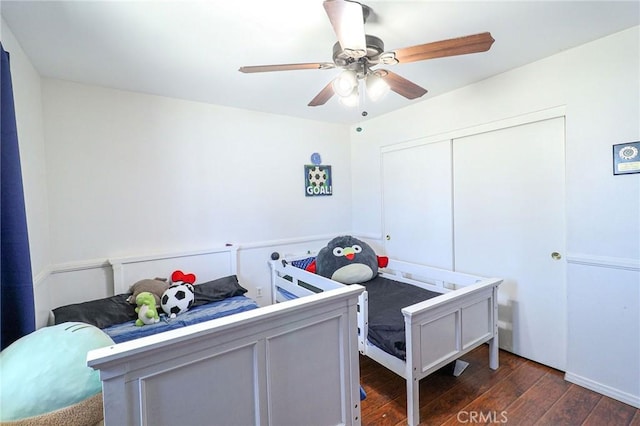 18353 Hackberry St, Hesperia, CA 92345 - bedroom with dark wood finished floors, a closet, and a ceiling fan