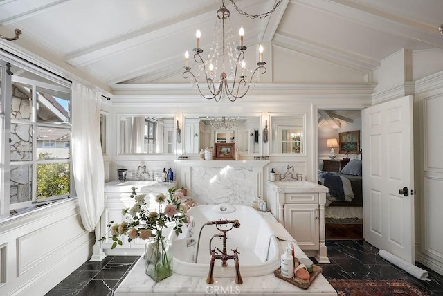 22372 Harwich Ln, Huntington Beach, CA 92646 - bathroom featuring a chandelier, a garden tub, ensuite bathroom, marble tiled floors, and vanity
