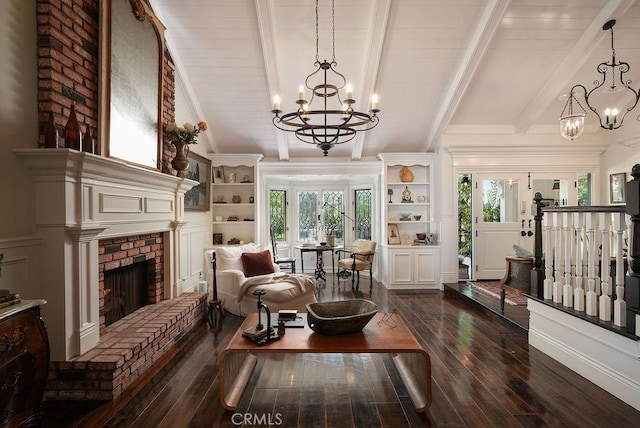 22372 Harwich Ln, Huntington Beach, CA 92646 - sitting room with a chandelier, dark wood-style flooring, healthy amount of natural light, and beamed ceiling