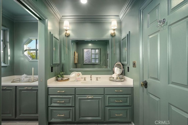 22372 Harwich Ln, Huntington Beach, CA 92646 - bathroom with vanity and ornamental molding