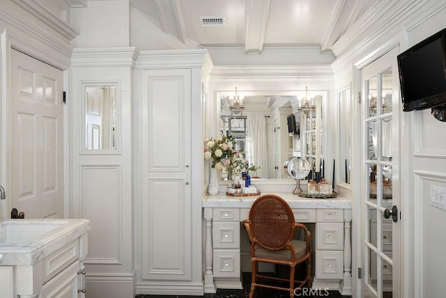 22372 Harwich Ln, Huntington Beach, CA 92646 - bathroom with beam ceiling, ornamental molding, and vanity
